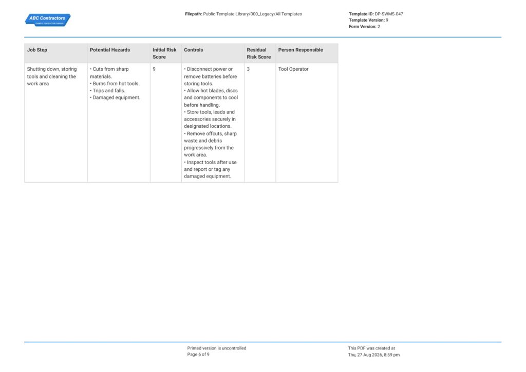 Power Tools Safe Work Method Statement (SWMS)6