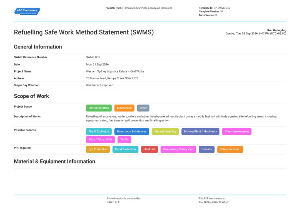 Refuelling Safe Work Method Statement (SWMS)1