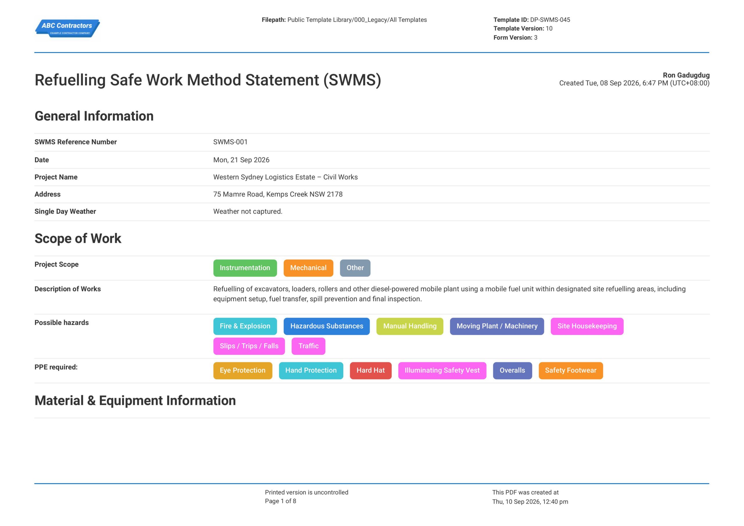 Refuelling Safe Work Method Statement (SWMS) Template