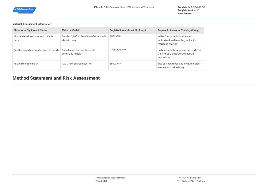 Refuelling Safe Work Method Statement (SWMS)2