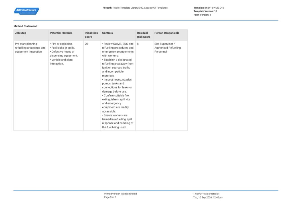Refuelling Safe Work Method Statement (SWMS)3