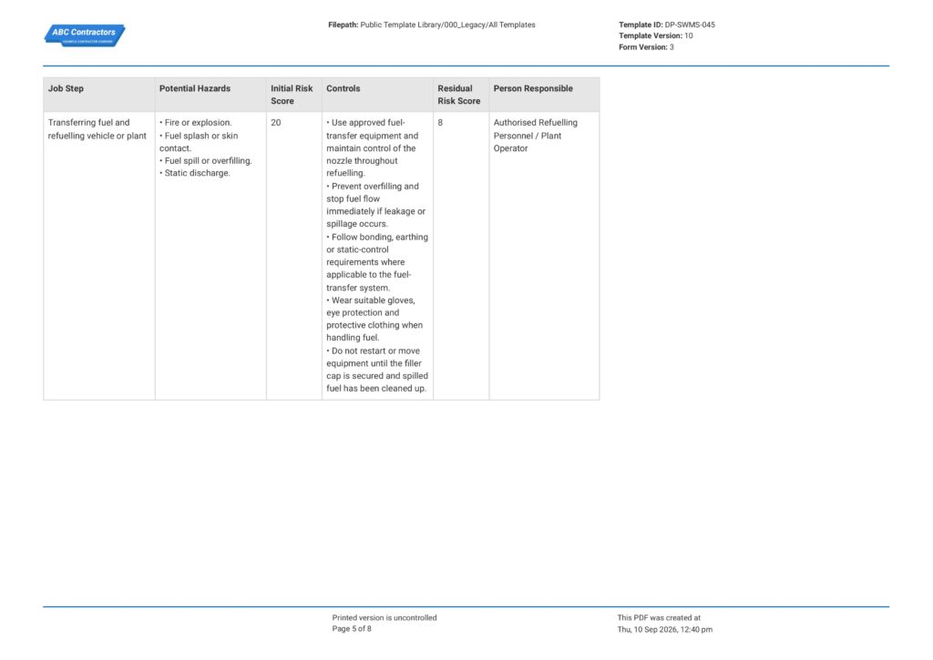 Refuelling Safe Work Method Statement (SWMS)5