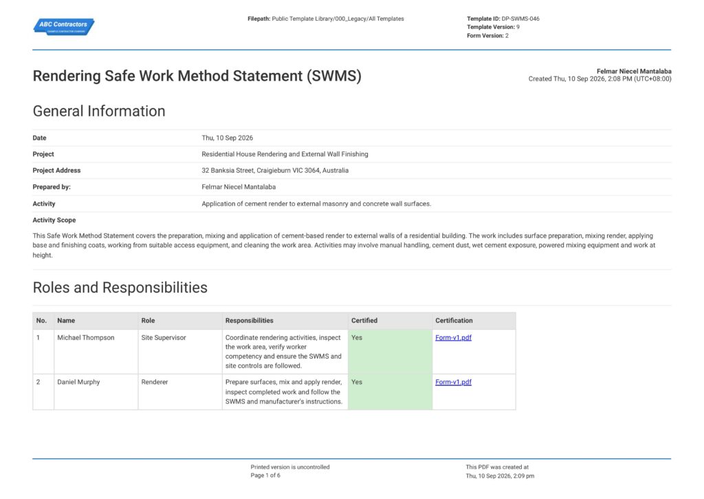 Rendering Safe Work Method Statement