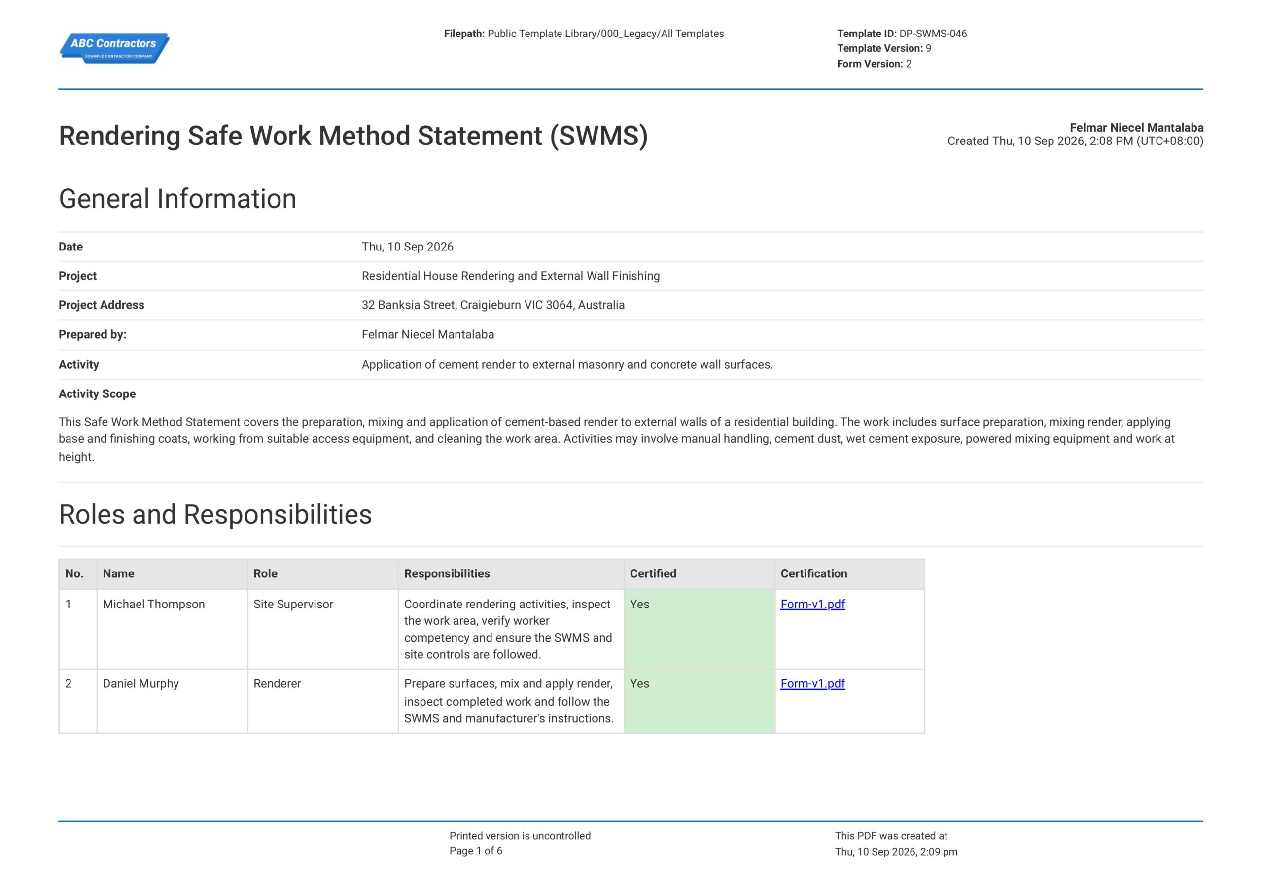 Rendering Safe Work Method Statement