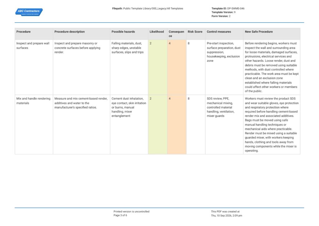 Rendering Safe Work Method Statement