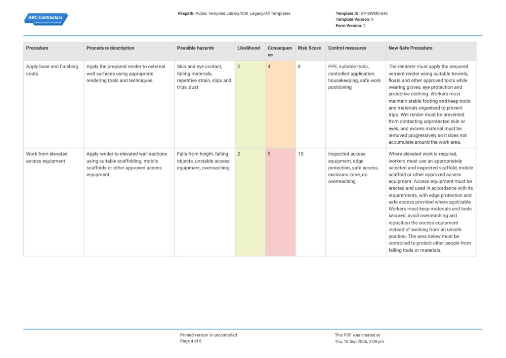 Rendering Safe Work Method Statement