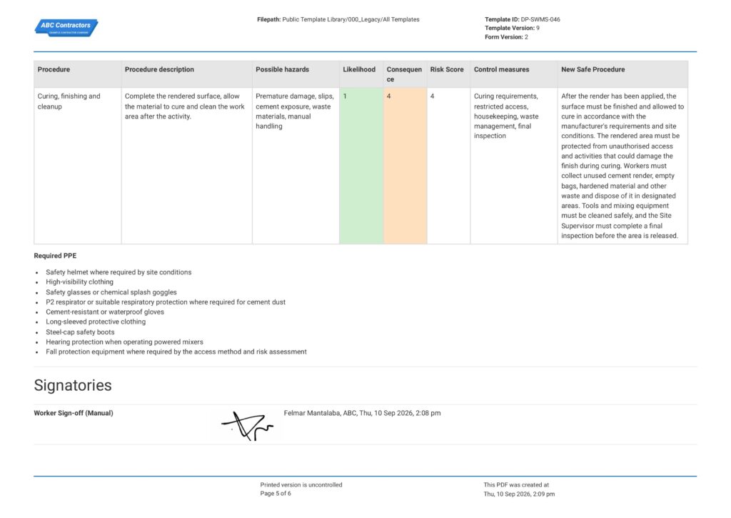Rendering Safe Work Method Statement