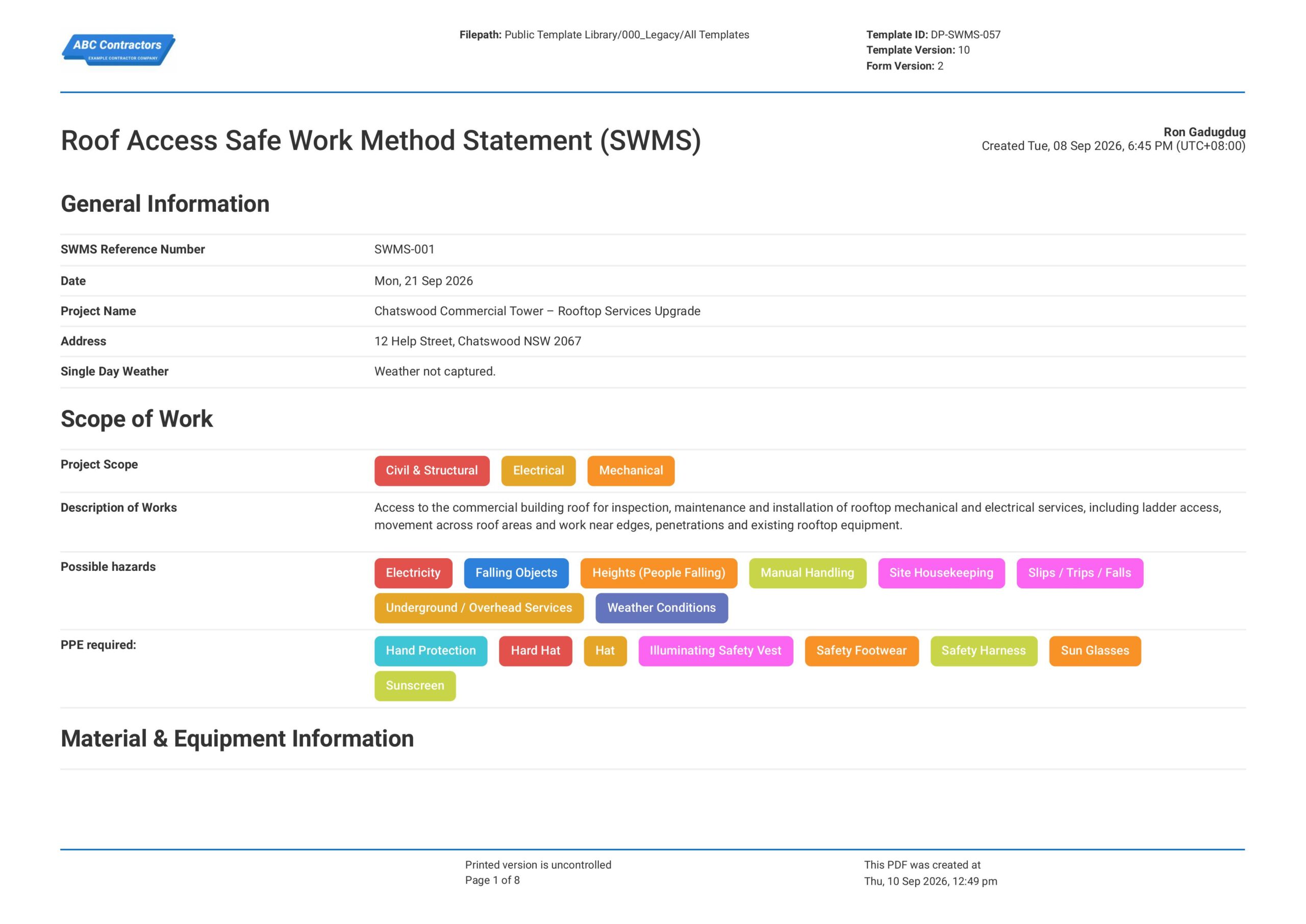Roof Access Safe Work Method Statement (SWMS)