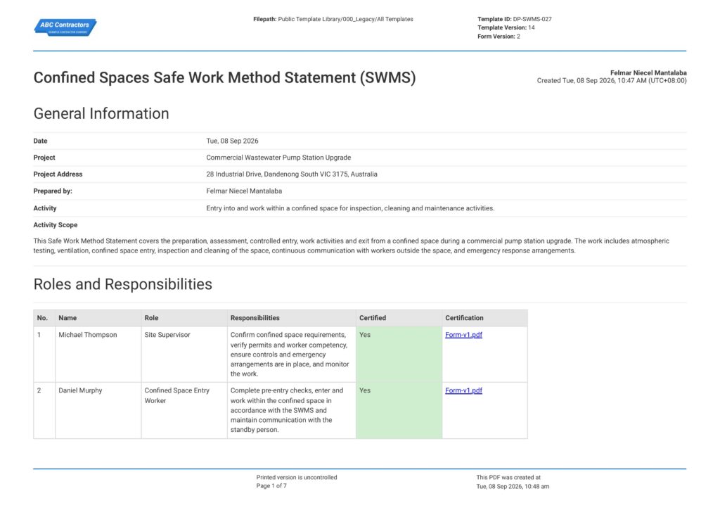 Safe Work Method Statement for Confined Space