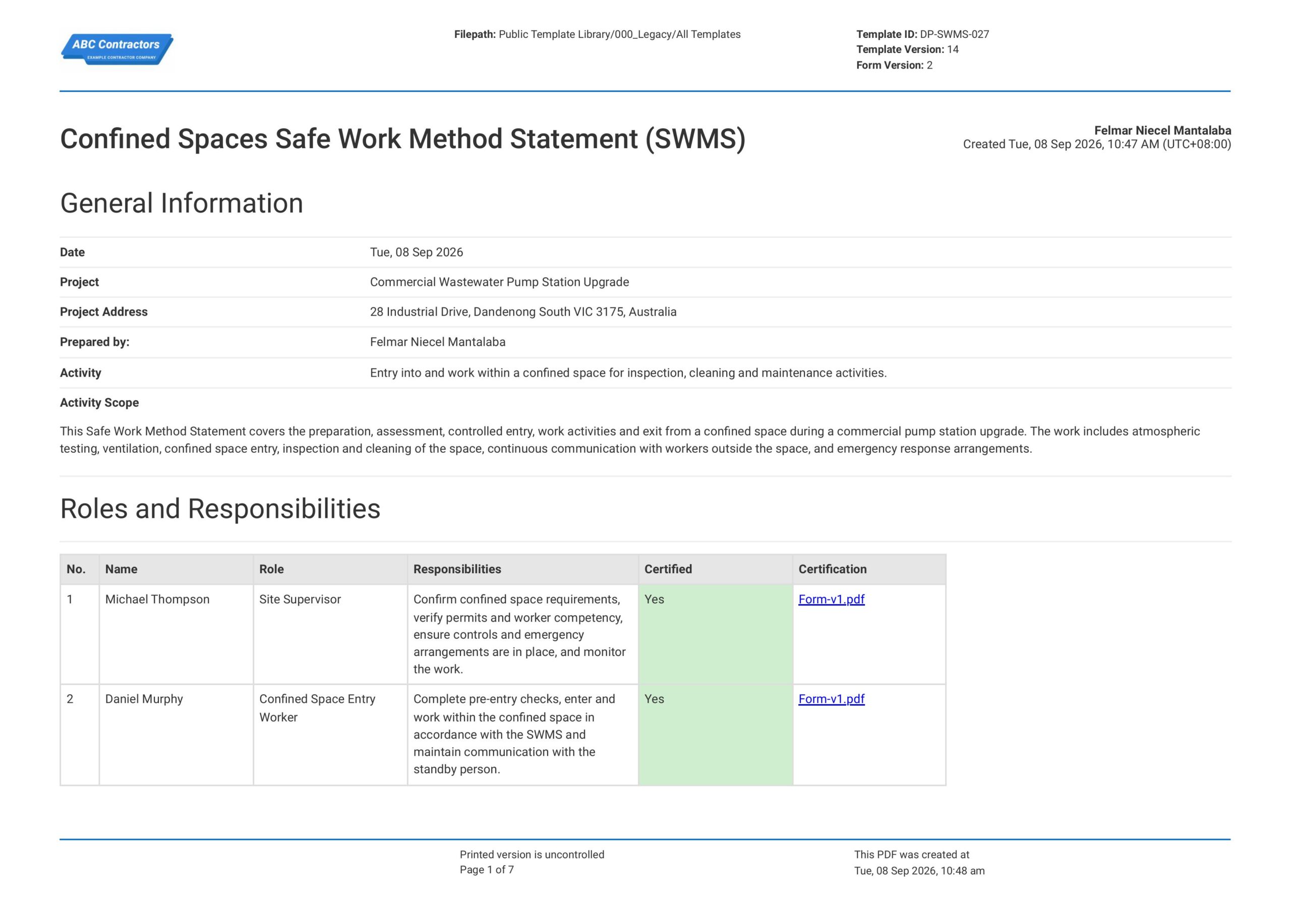 Safe Work Method Statement for Confined Space