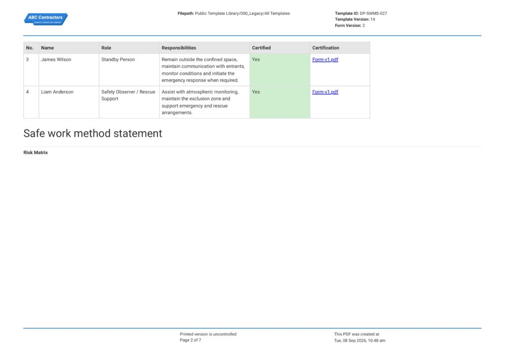 Safe Work Method Statement for Confined Space