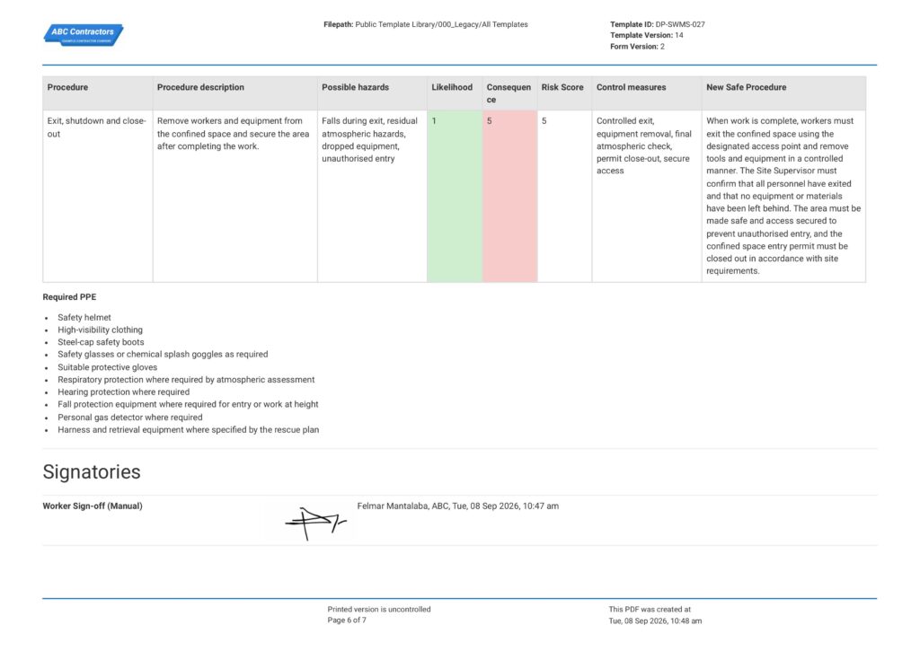 Safe Work Method Statement for Confined Space