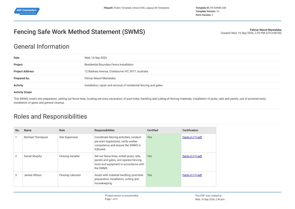 Safe Work Method Statement for Fencing