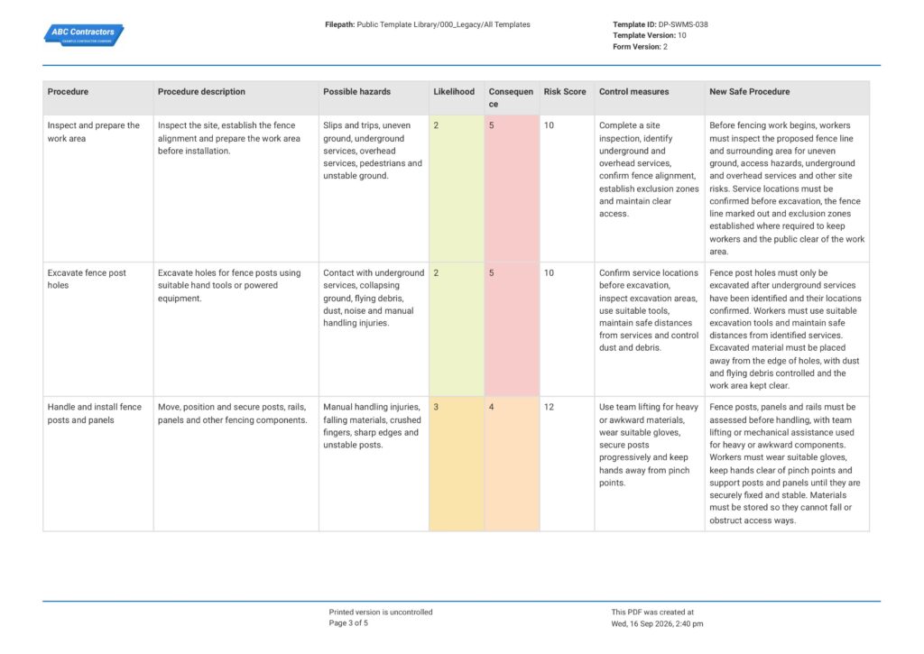 Safe Work Method Statement for Fencing