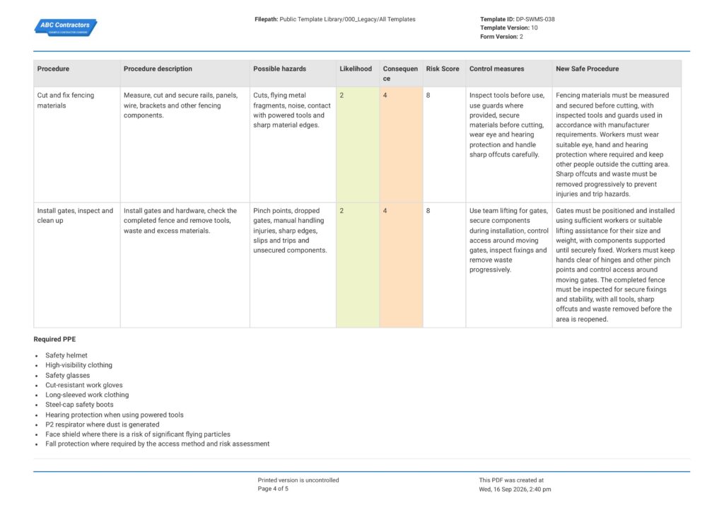 Safe Work Method Statement for Fencing