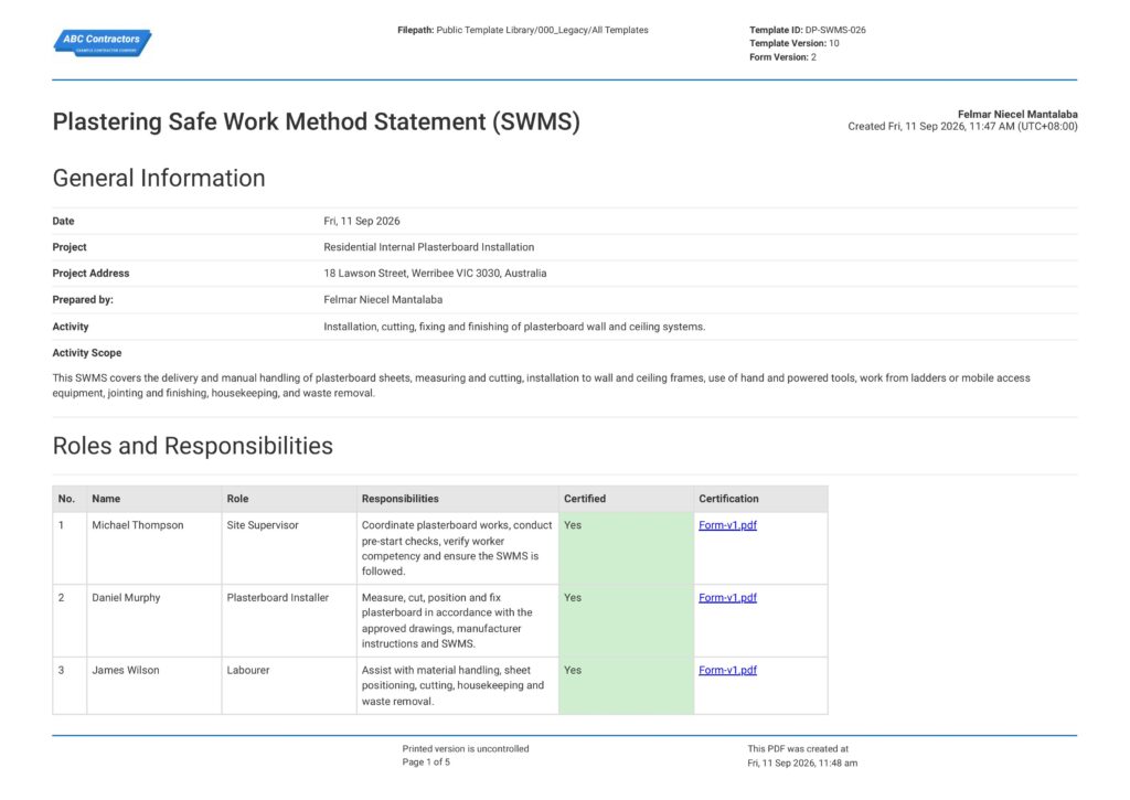Safe Work Method Statement for Plasterboard