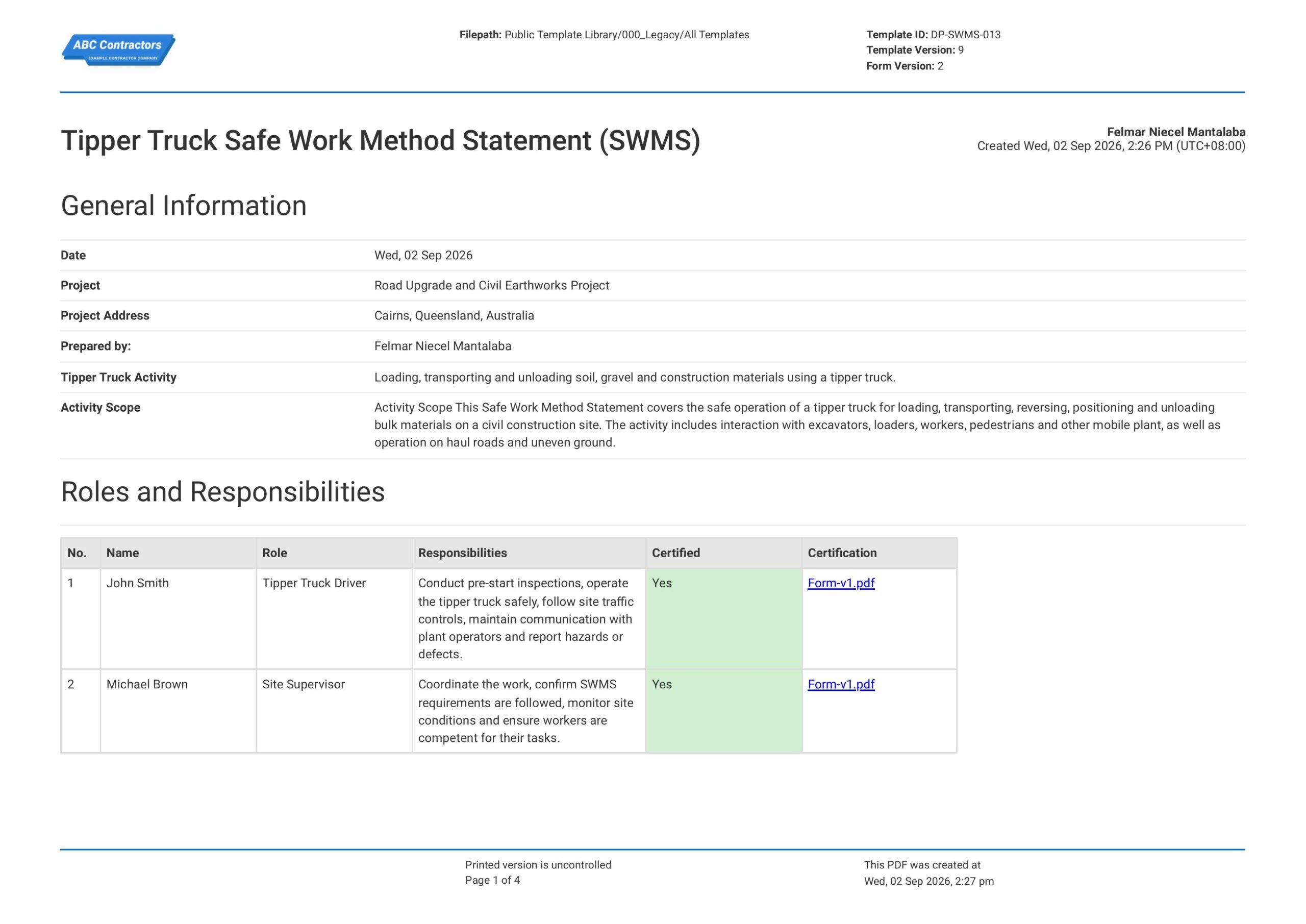 Safe Work Method Statement for Tipper Truck Template