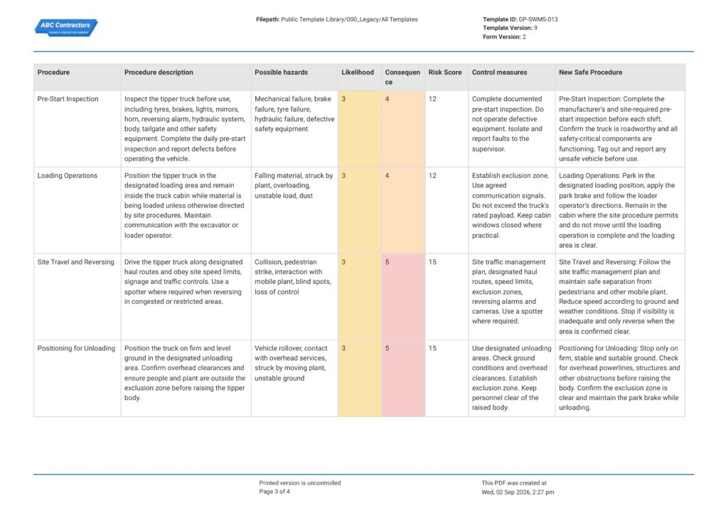 Safe Work Method Statement for Tipper Truck