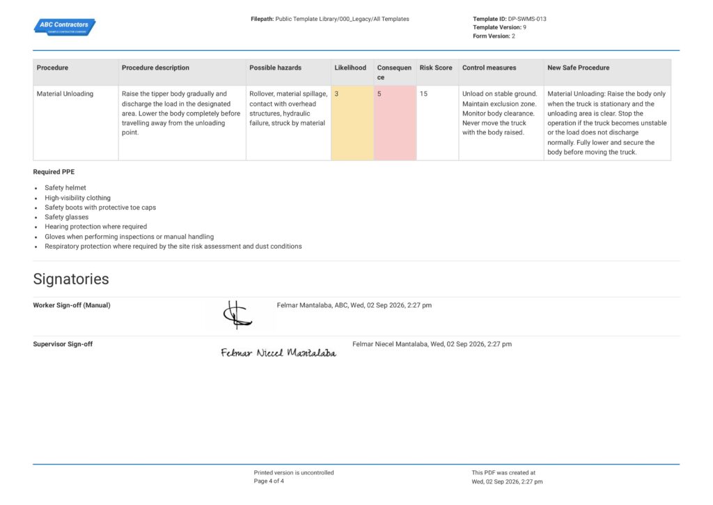 Safe Work Method Statement for Tipper Truck