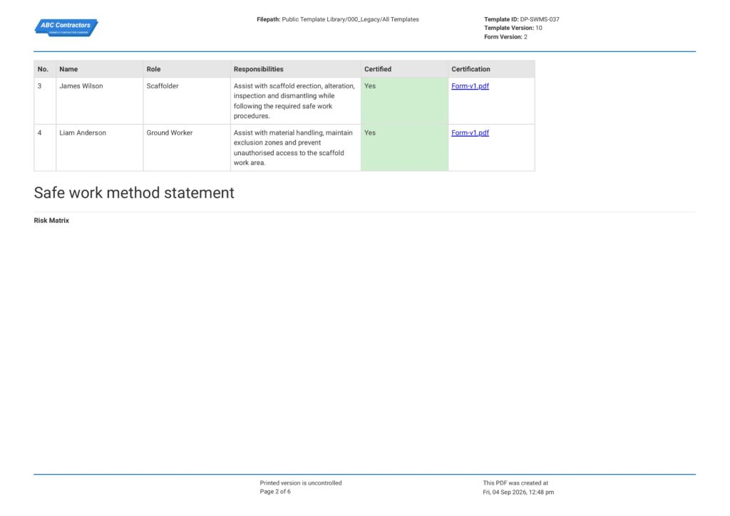 Scaffolding Safe Work Method Statement