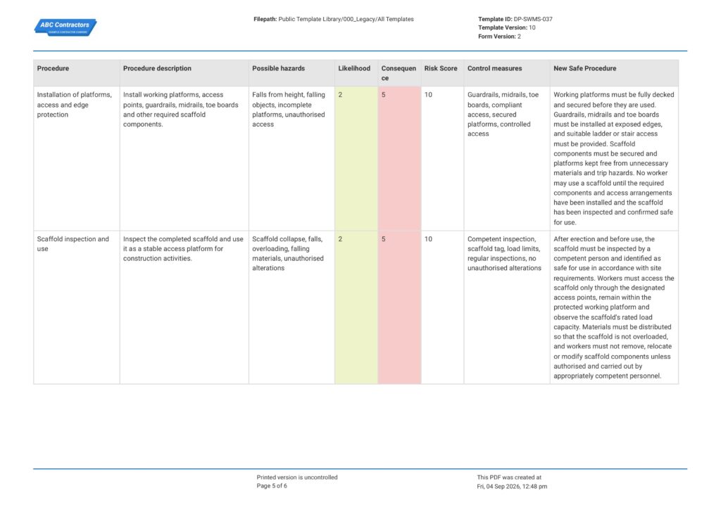 Scaffolding Safe Work Method Statement