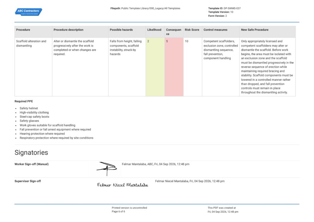 Scaffolding Safe Work Method Statement