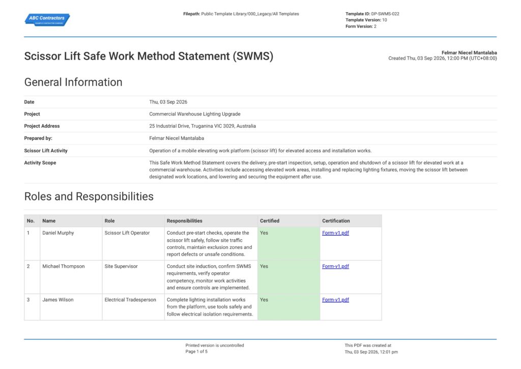 Scissor lift safe work method statement