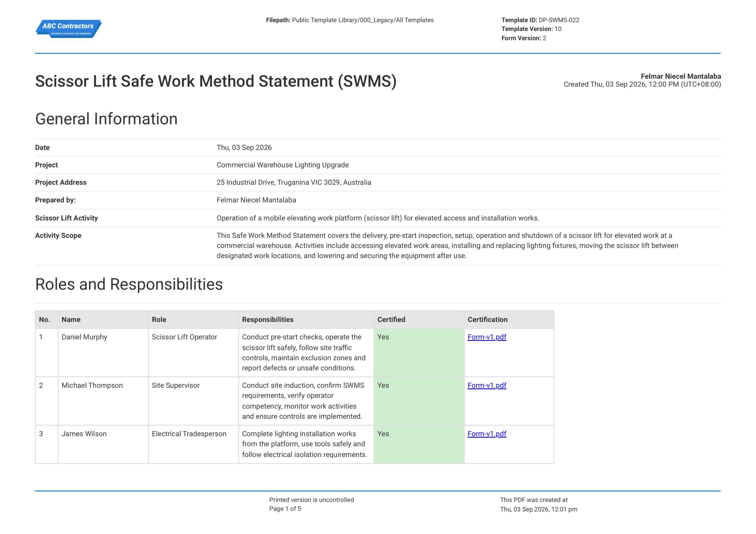 Scissor Lift Safe Work Method Statement