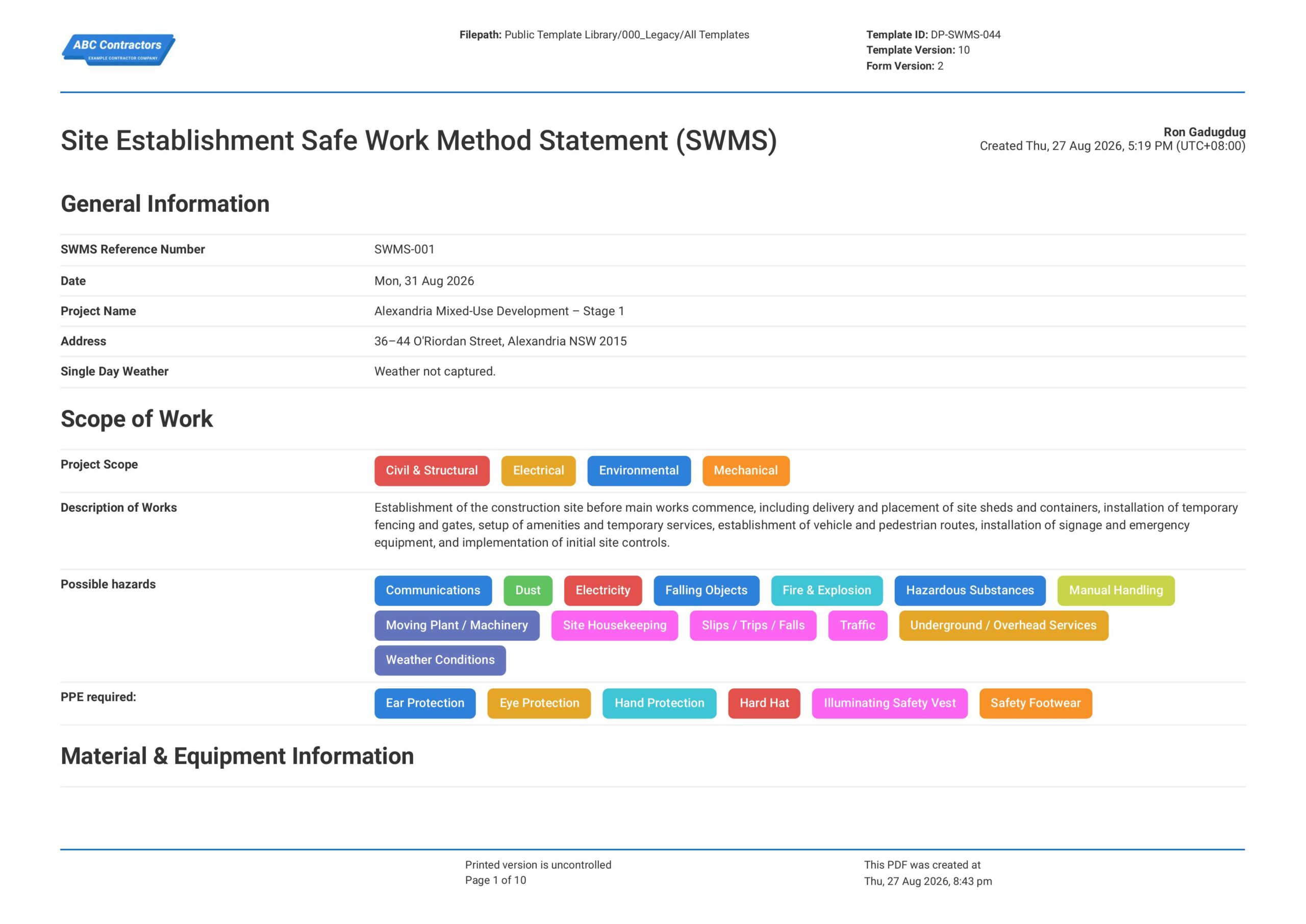 Site Establishment Safe Work Method Statement (SWMS) Template