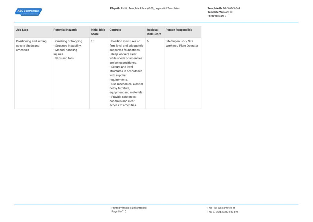 Site Establishment Safe Work Method Statement (SWMS)5