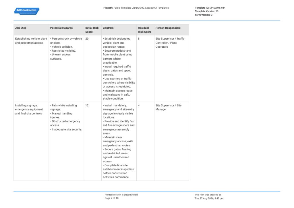 Site Establishment Safe Work Method Statement (SWMS)7