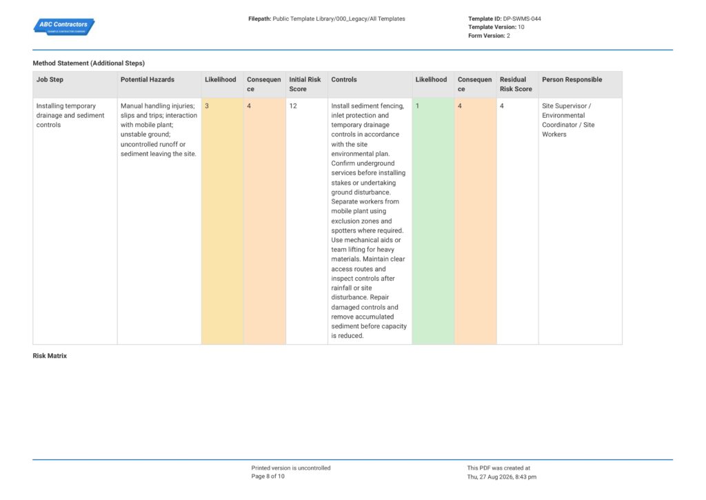 Site Establishment Safe Work Method Statement (SWMS)8