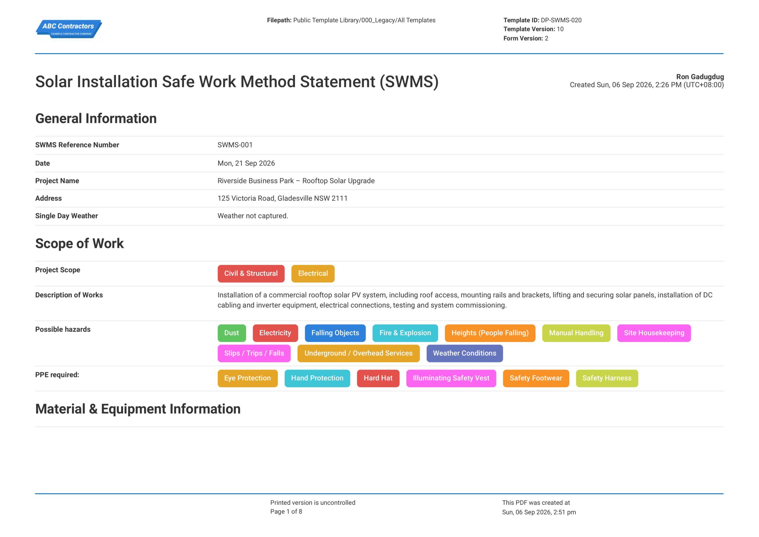 Solar Installation Safe Work Method Statement (SWMS) Template