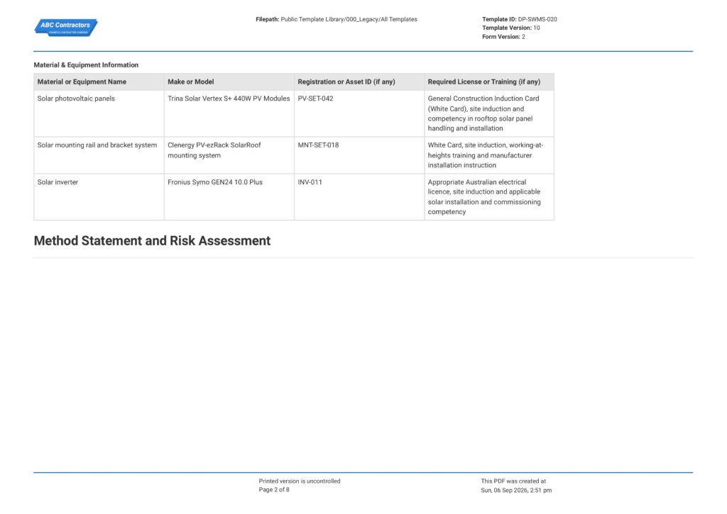 Solar Installation Safe Work Method Statement (SWMS)2
