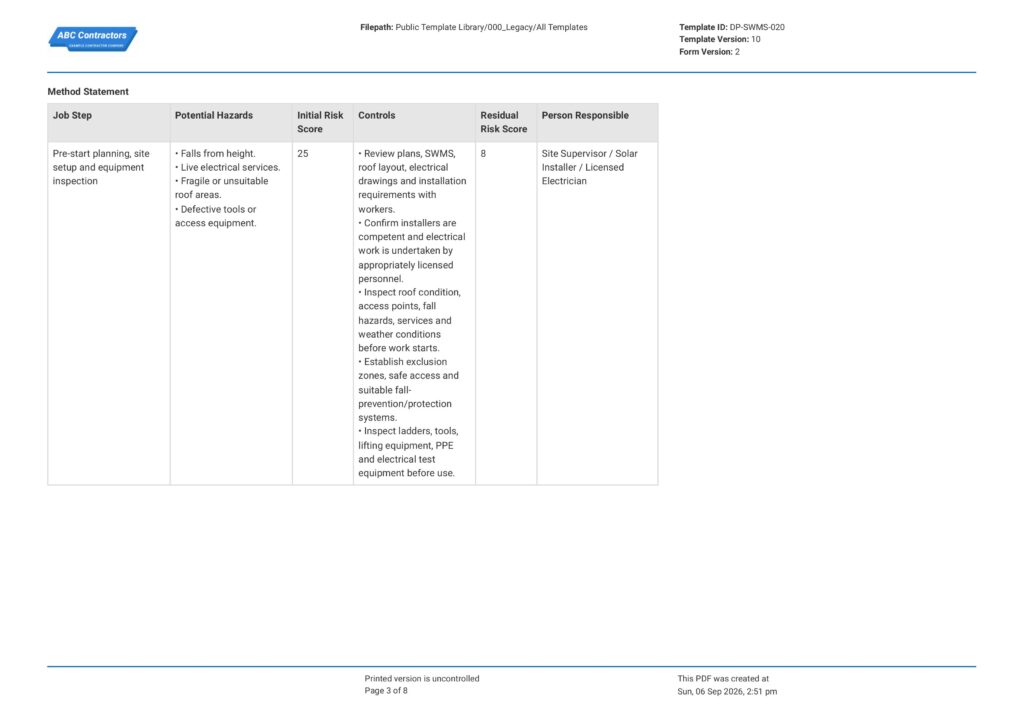 Solar Installation Safe Work Method Statement (SWMS)3