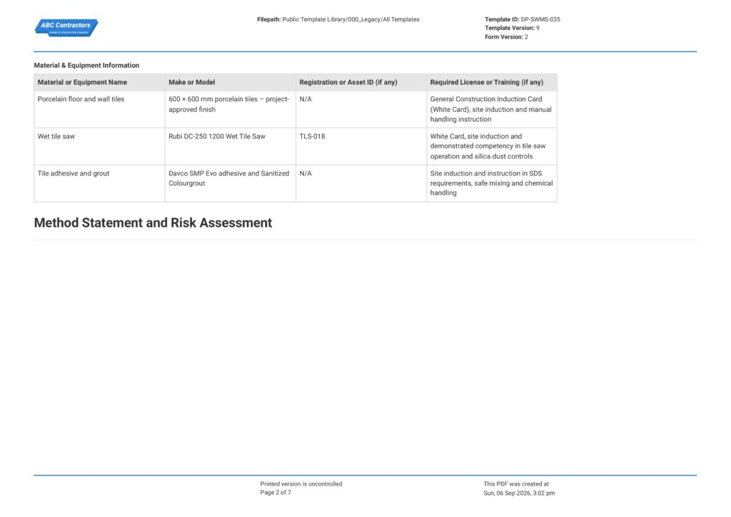 Tiling Safe Work Method Statement (SWMS)2