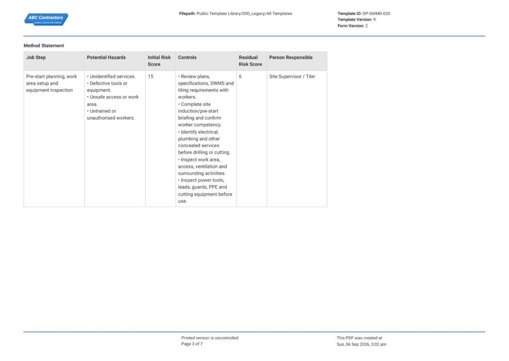 Tiling Safe Work Method Statement (SWMS)3