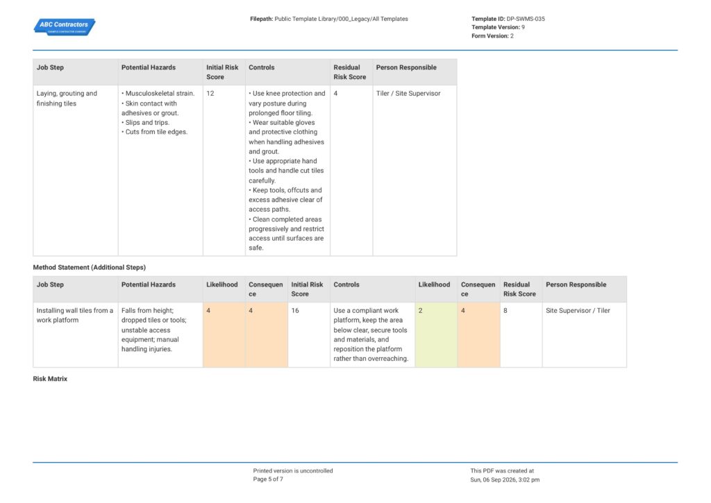 Tiling Safe Work Method Statement (SWMS)5