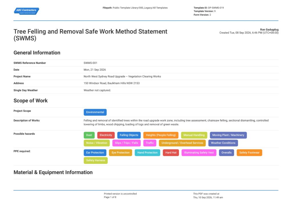 Tree Felling and Removal Safe Work Method Statement (SWMS)1