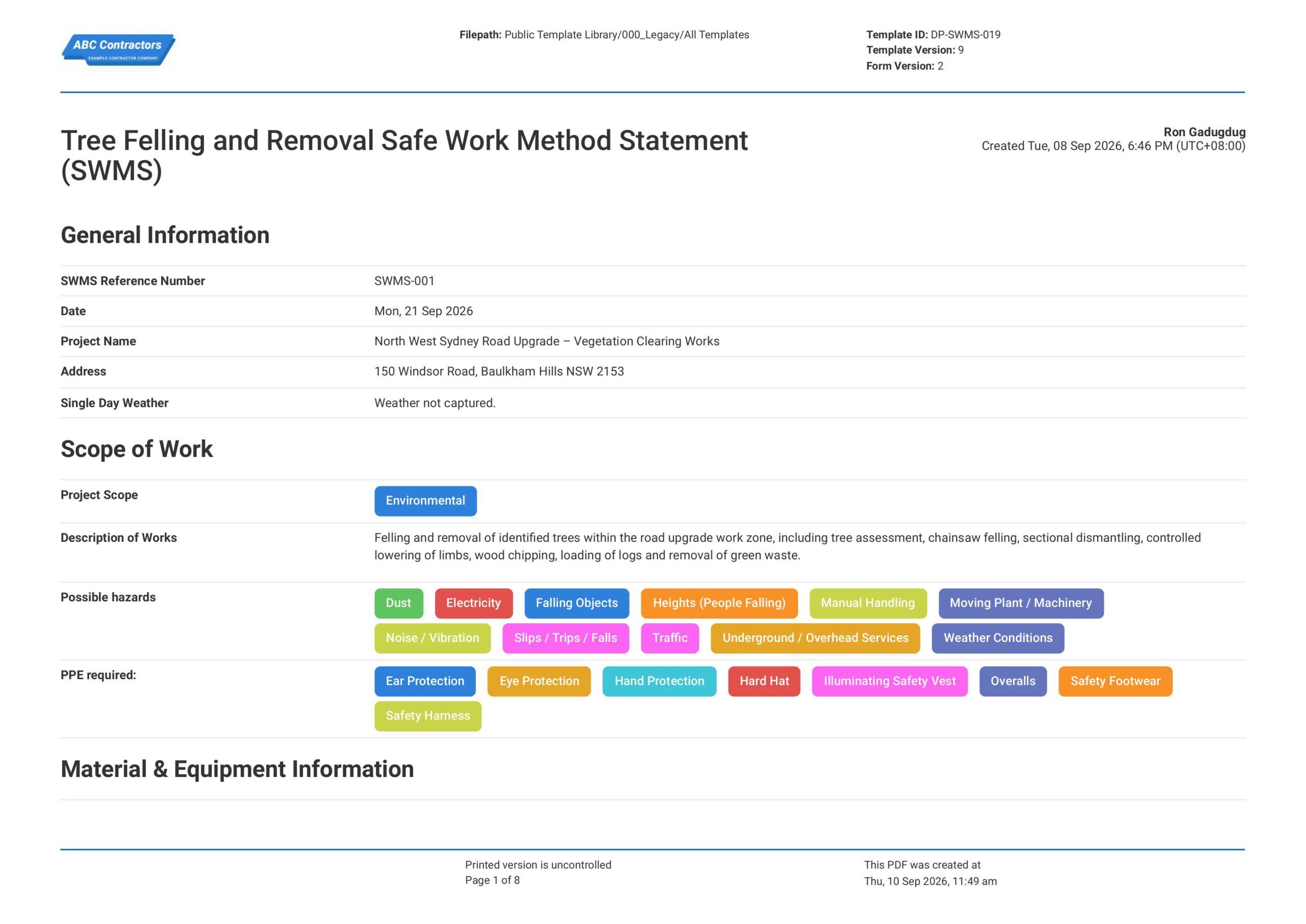 Tree Felling and Removal Safe Work Method Statement (SWMS) Template
