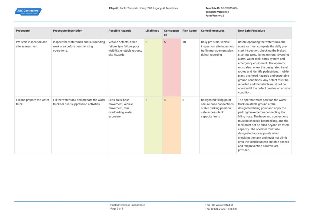 Water Truck Safe Work Method Statement