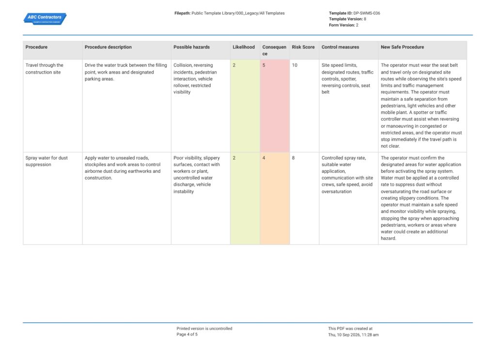 Water Truck Safe Work Method Statement