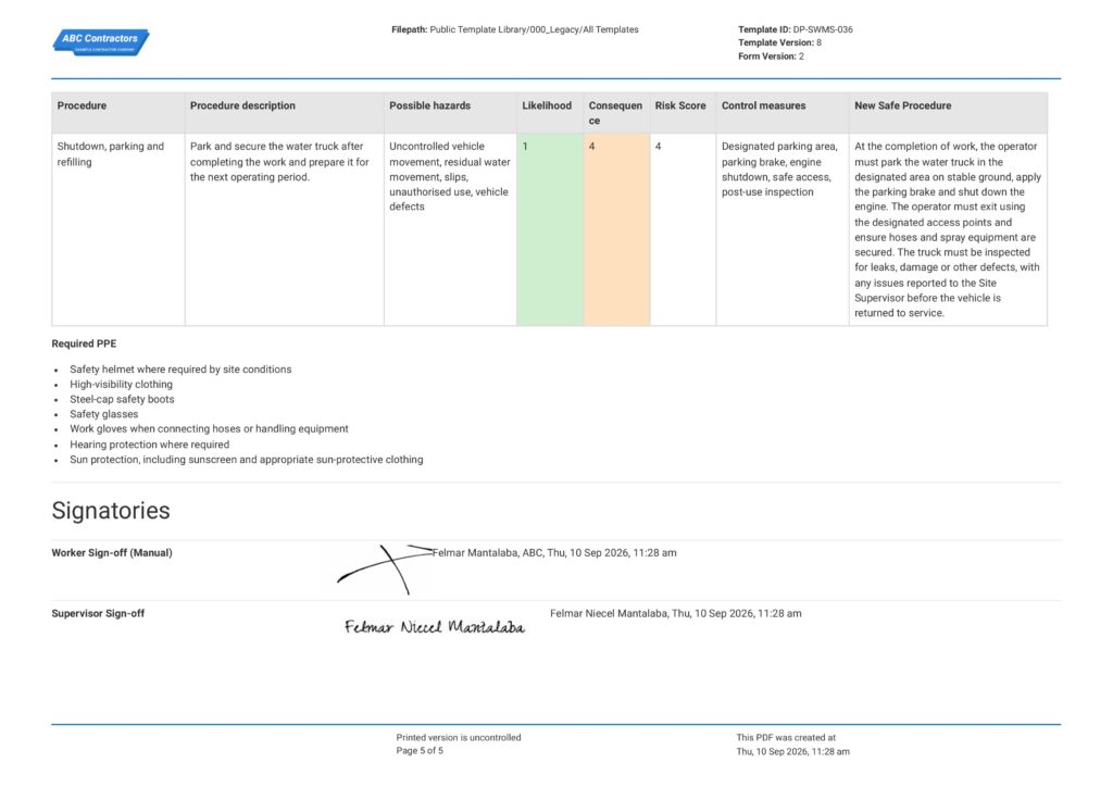 Water Truck Safe Work Method Statement