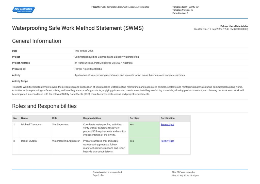 Waterproofing SWMS