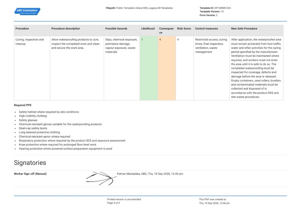 Waterproofing SWMS
