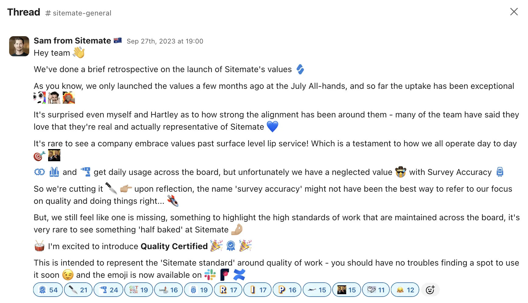 Slack thread retiring the Survey Accuracy value and introducing Quality Certified in its place