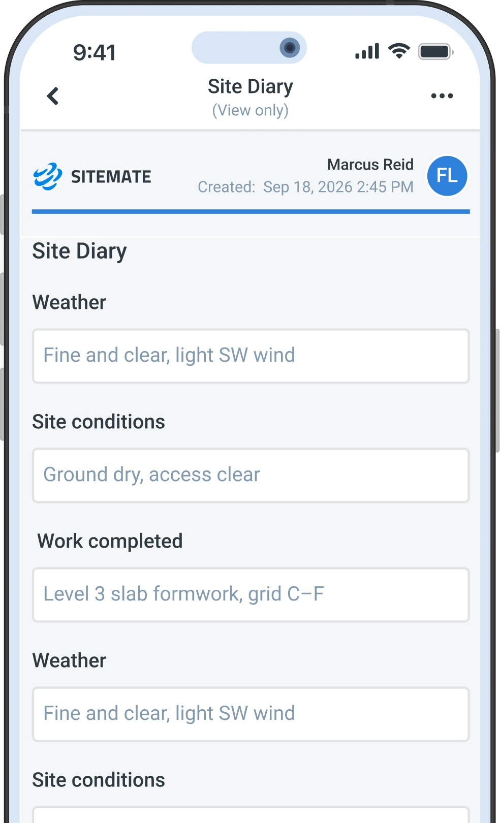 A Site Diary form open in the Dashpivot mobile app
