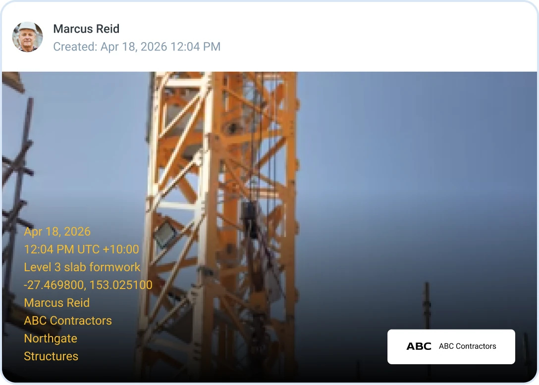 A geo-tagged site photo with an auto-stamped date, location and project