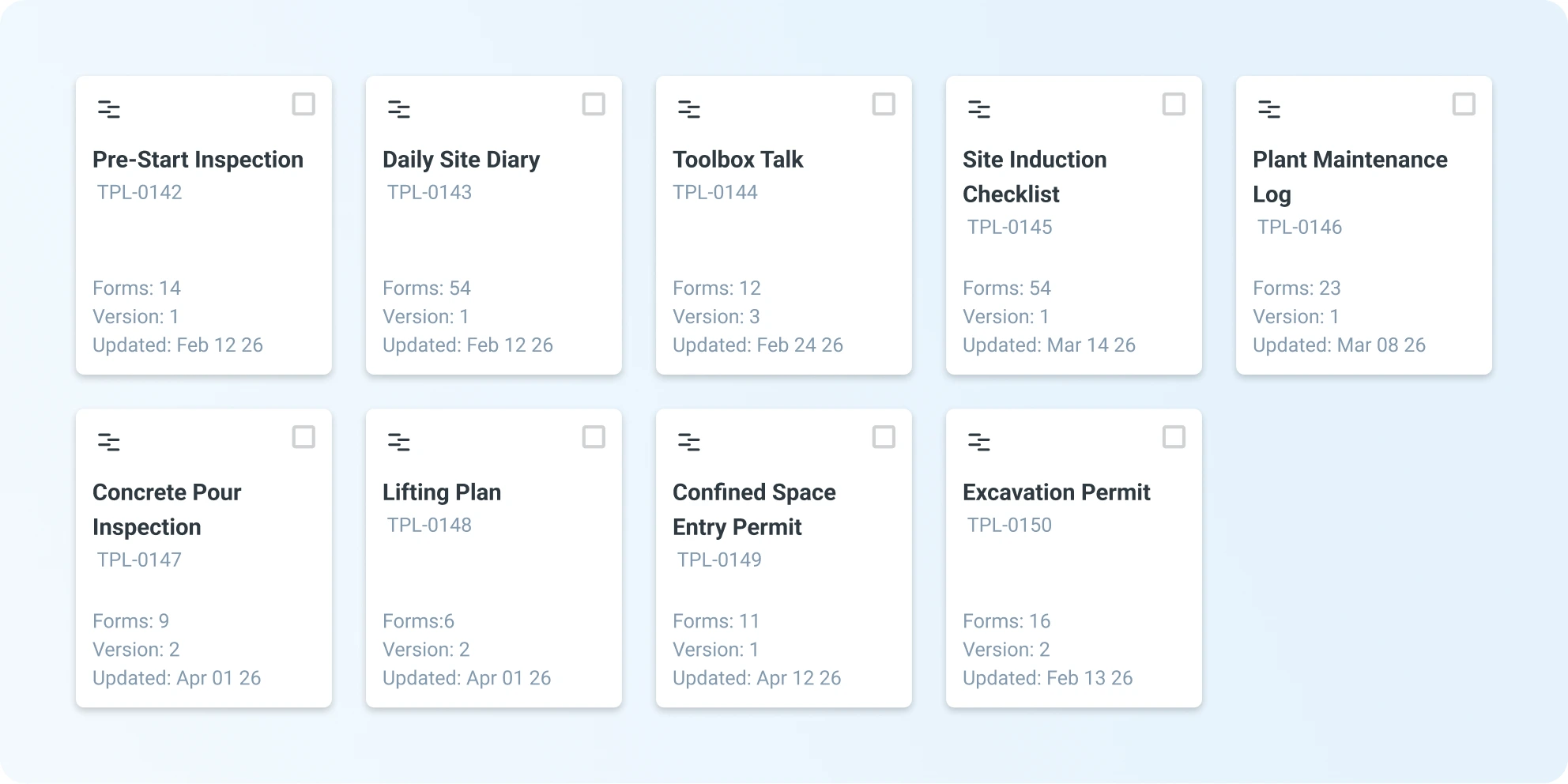 A register of templates with form counts, versions and update dates