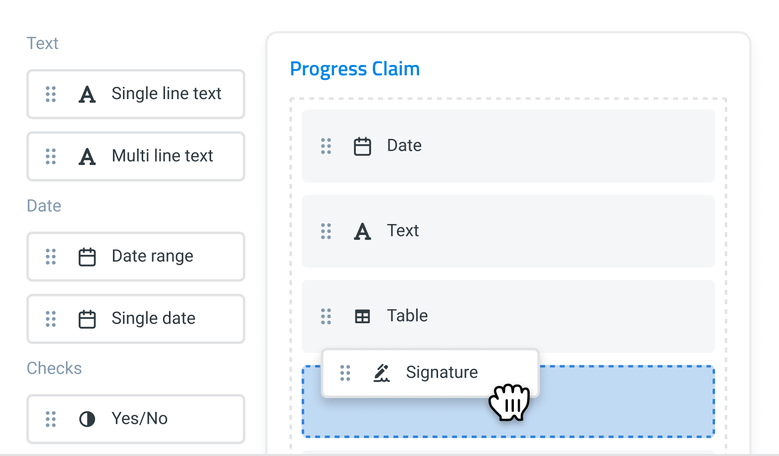 The template builder dragging a Signature field into a Progress Claim form